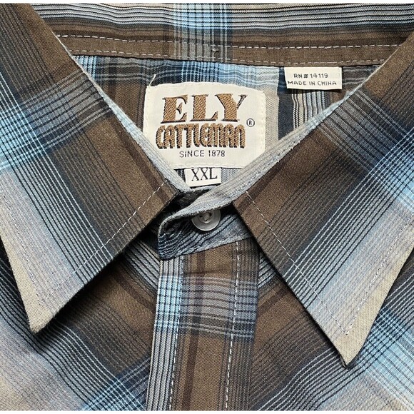 VTG Ely Cattleman Mens Shirt 2XL Plaid Brown Blue LS Pearl Snap Collared Western - Picture 5 of 11